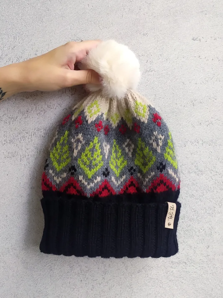 Warm jacquard knitted pompom hat