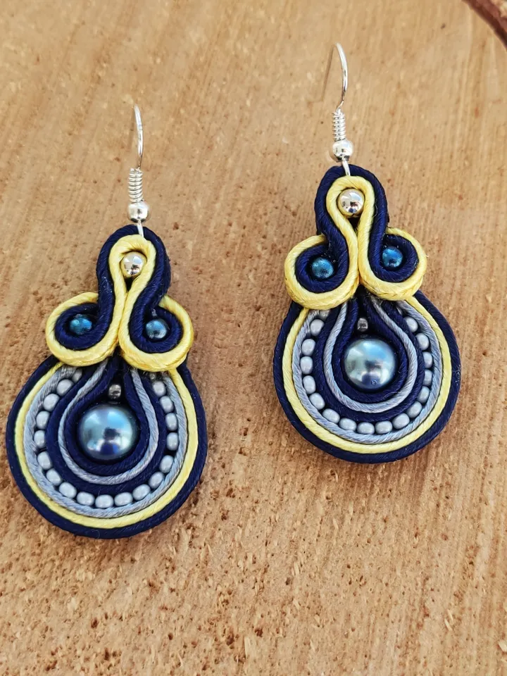 Blue tassel necklace and earrings, Boho Necklace, Soutache jewelry set, Ethnic necklace, Mandala