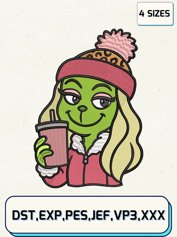 Grinchy And Bougie Coffee Christmas Embroidery Design Files,Christmas Embroidery Designs,Machine Embroidery Files,4 Sizes