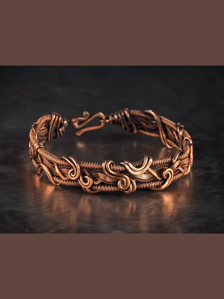 Wire wrapped bracelet, Unique 7th 22nd Anniversary gift idea, Art Nouveau antique style, One of kind braided statement bangle, Handmade oxidized pure copper jewelry, Pain relief, EMF protection