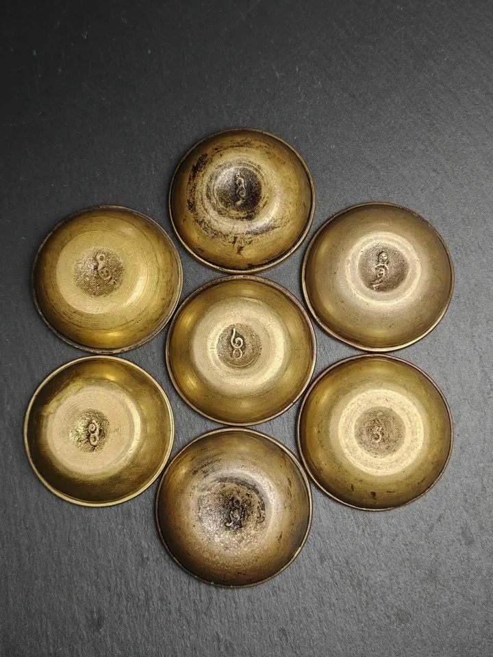 Gandhanra Old Tibetan Buddhist Water Offering Bowls,Yonchap Bowls,1 Set of 7 Bowls,Offerings in Monastery,40 Years Old,2.4" × 0.8"