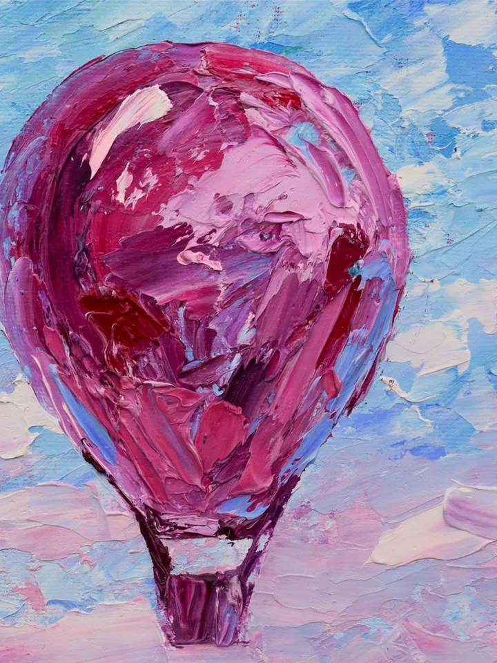 Hot Air Balloon Painting Original Art Pink lake Artwork 10 by 12" Skyscape Oil Painting by Juliya JC