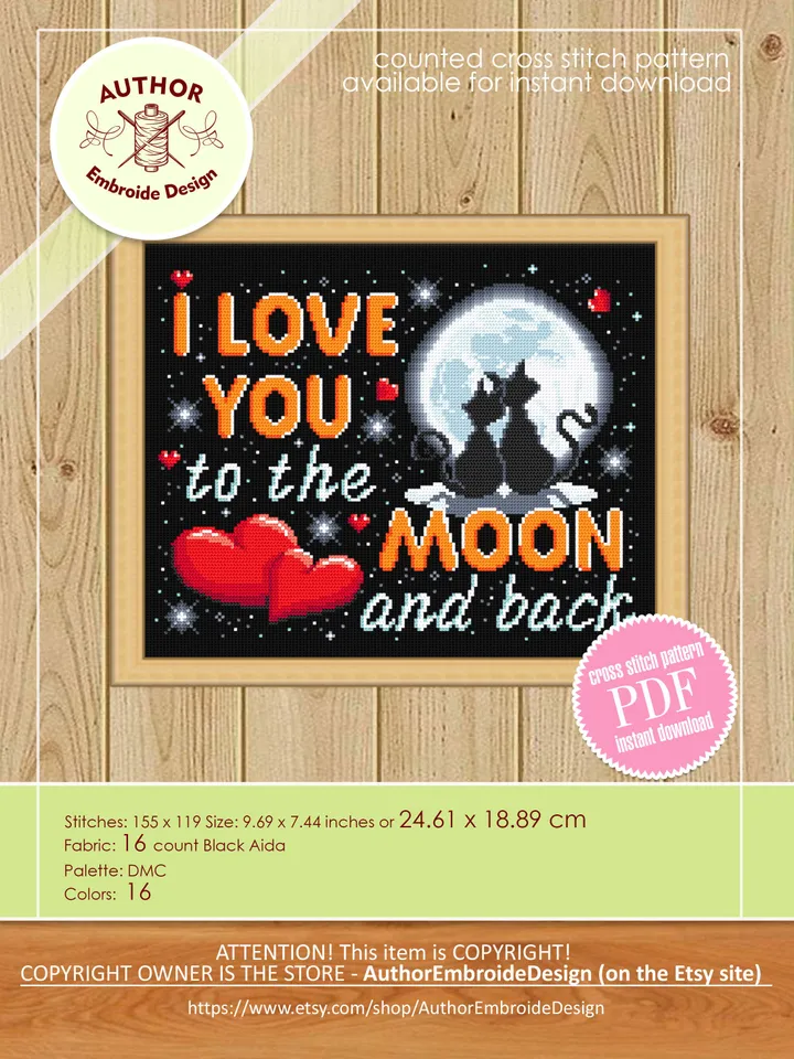 I love you to the moon and back cross stitch pattern download PDF Love lettering cross stitch chart, Starry night sky pattern Cute cats #V17