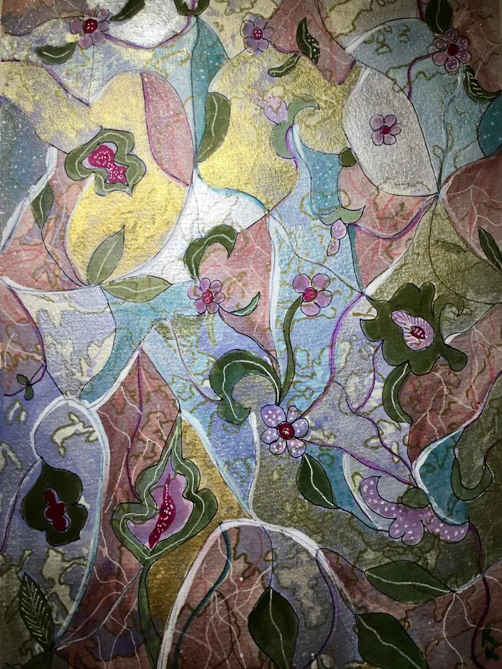Abstract floral watercolor original artwork, fantasy wall art, pastel and golden colors wall art,one of a kind,wall decoration,gift