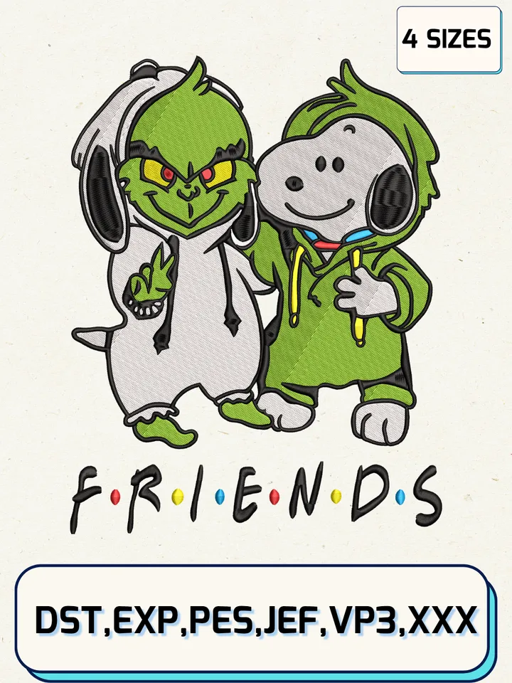Friends Snoopy And Grinch Embroidery Design,Christmas Embroidery Designs,Machine Embroidery Files,Snoopy And Grinch Embroidery Design,4 Sizes