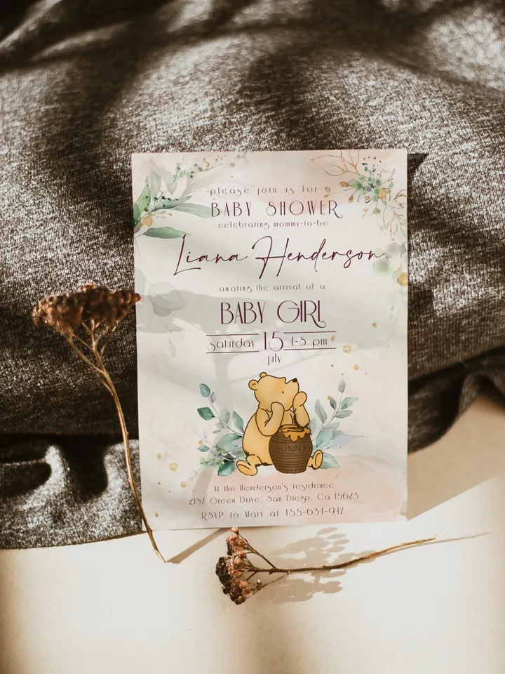 Classic Winnie Pooh Baby Shower Invitation Set; Girl Baby Shower Template; Gentle Rose Baby Shower Invite; Honey Bear Invite; Winnie Templat