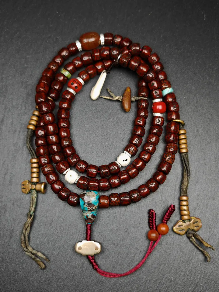 Gandhanra Authentic Tibetan Rosary,Old 8mm 108 Rudraksha Mala Necklace Prayer Beads with Unique Mix of Treasures,Spiritual Gift