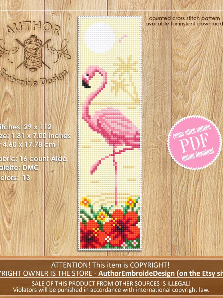 Flamingo bookmark cross stitch pattern PDF download Pink flamingo cross stitch chart, Nature bookmark pattern digital PDF, Pink bird #B441