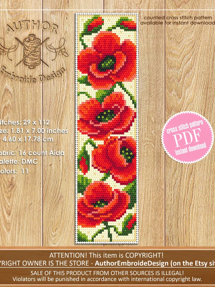 Flower bookmark poppies cross stitch pattern download PDF Modern handmade bookmark digital PDF, Red poppy flower cross stitch chart #B193