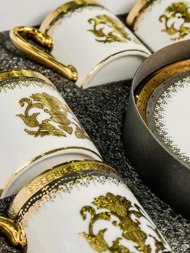 14K Genuine Gold Powder Porcelain Tea Cups And Saucers | Tea Cups Saucers Set | Gold Porcelain Set | Elegant Teaware | Gift For Tea Lovers