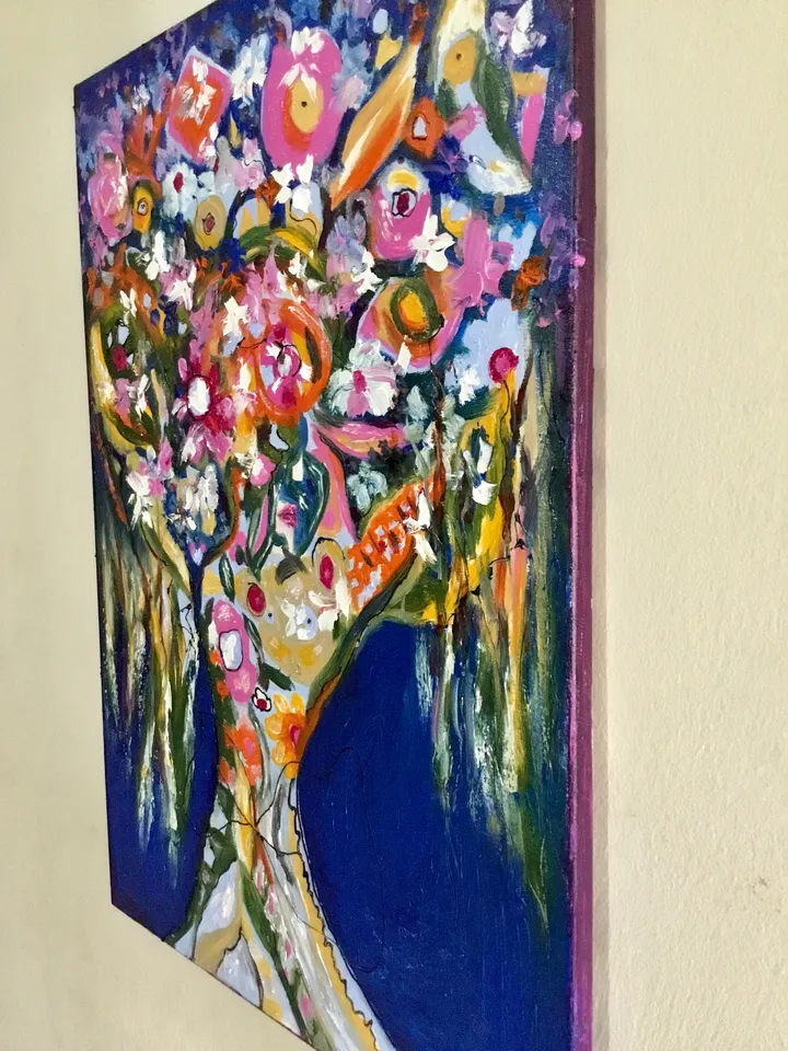 Del fondo de mi corazon, original oil mix media painting on large canvas,fantasy flowers painting,colourful wall hanging,unique gift.