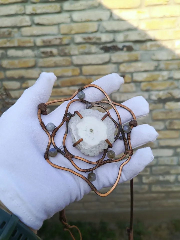 Copper Necklace “Stone Flower” with Stalactite Slice
