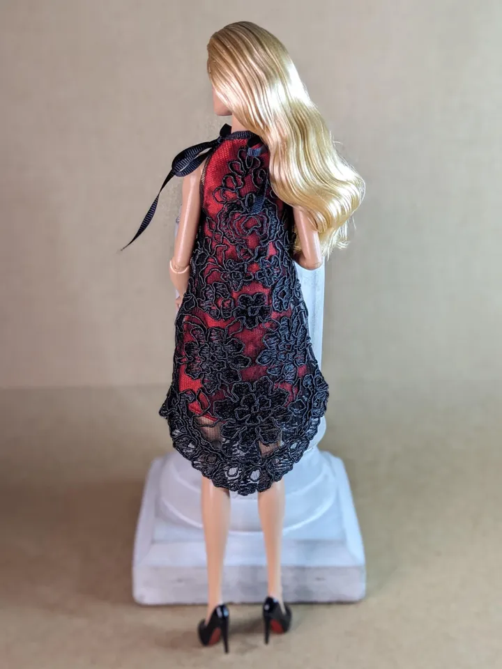 Handmade black & red lace dress for 13-inch fashion dolls