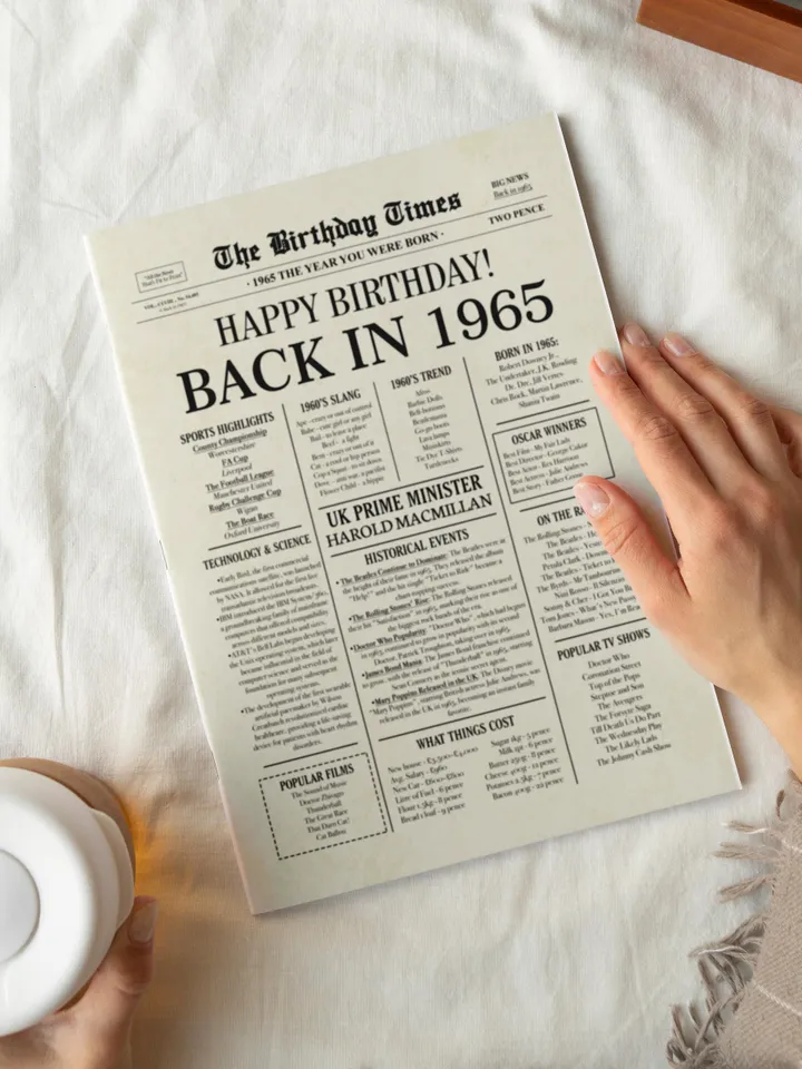 60th Birthday Newspaper Poster, Born in 1965, Back in 1965 UK Sign, 60 Years Ago Printable Decor, 60th Party Digital Gift