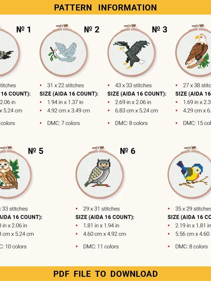 Bundle mini Birds 7 Cross stitch patterns, contemporary, Abstract, 3 inches, beginner, modern chart, gift DIY, embroidery, instant PDF