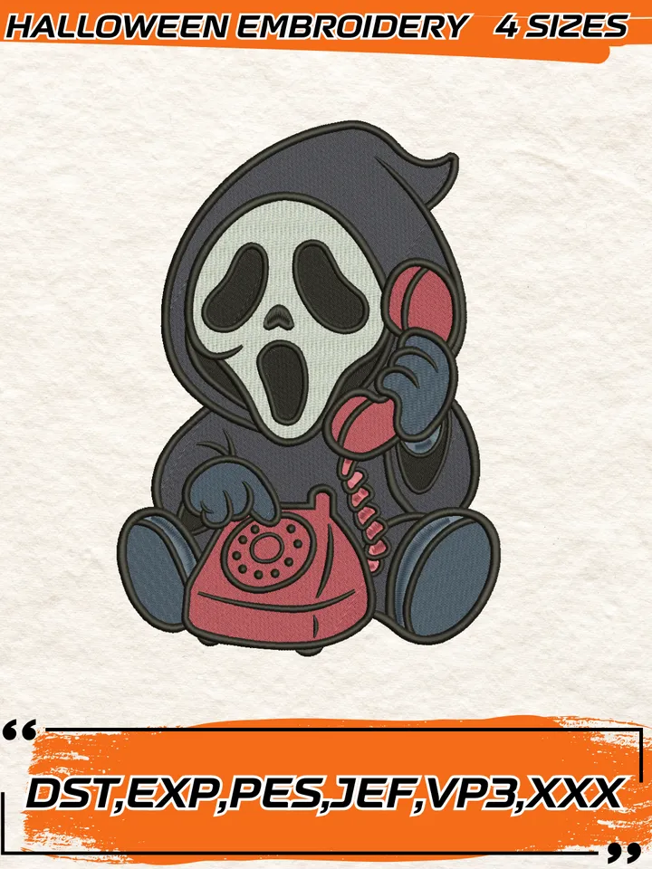Ghostface Scream with Pink Phone Embroidery Design,Halloween Embroidery Design,4 Sizes, Digital Download