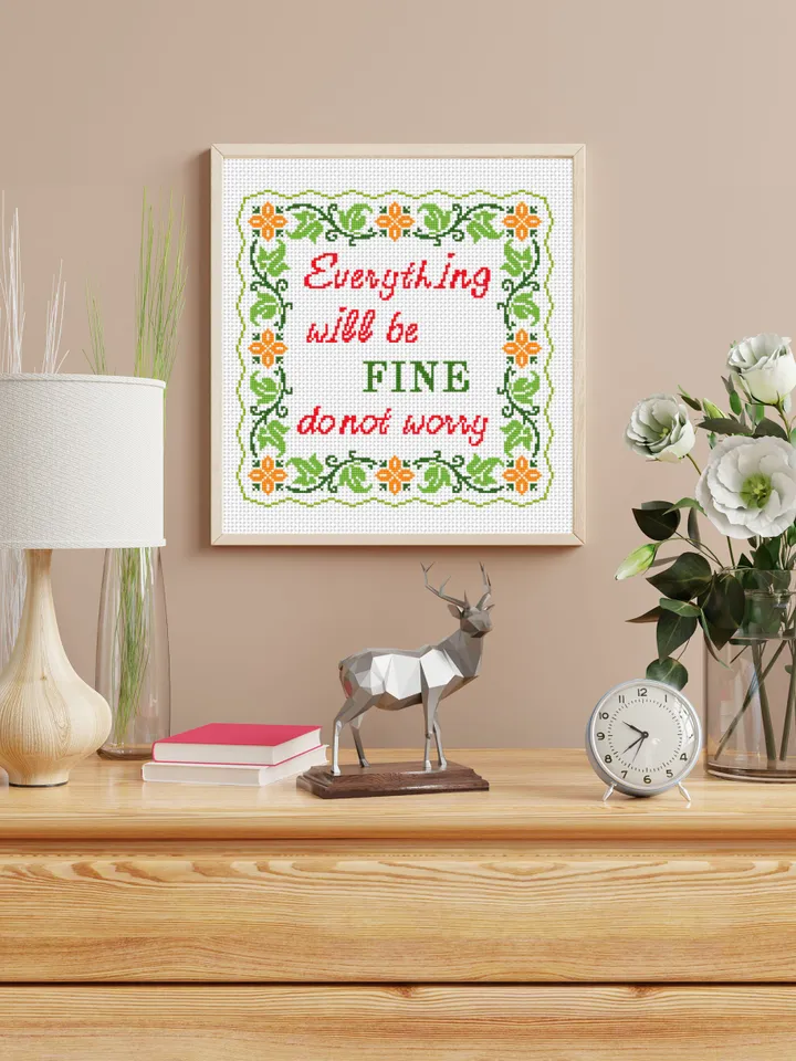 Framed quote cross stitch pattern PDF Everything will be fine Floral frame cross stitch download PDF, Folk ornaments hand embroidery #Q2