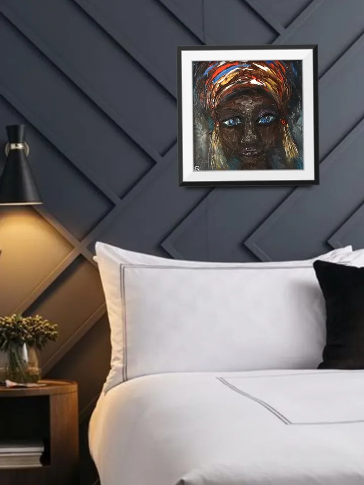 African girl original oil painting on stretched canvas,woman in a headscarf with earrings,,small gift,home decoration.