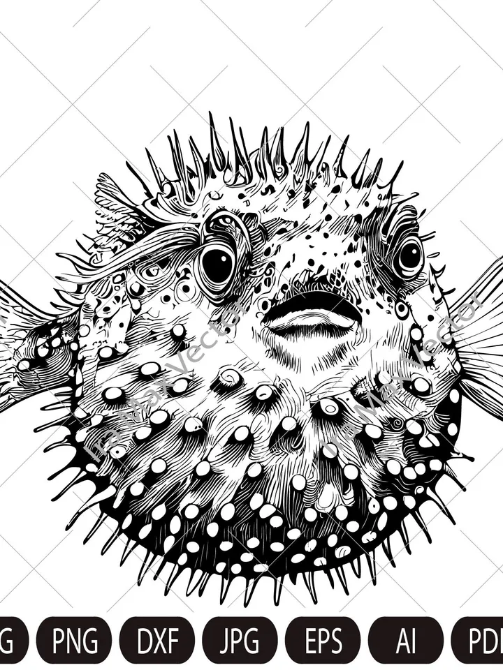 Puffer Fish SVG, Puffer Fish detailed, Ocean Animals SVG, Startled Spiny Puffed Pufferfish, Cut Files, Silhouette Cut Files, Vector files