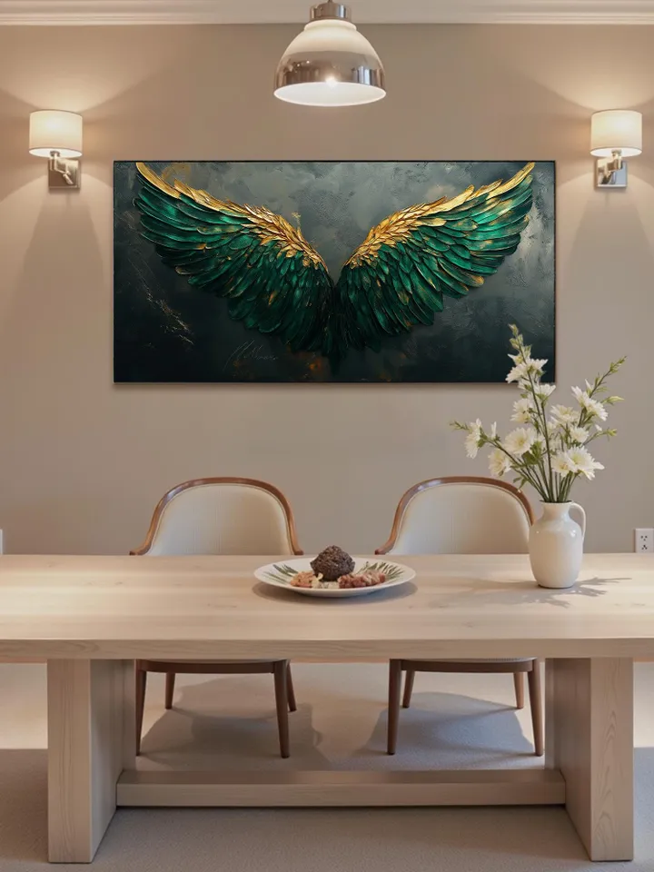 Large Emerald Green & Gold Angel Wings Impasto Painting, Textured 3D Wall Art, Original Abstract Art, Unique Home Decor, Office Wall Decor