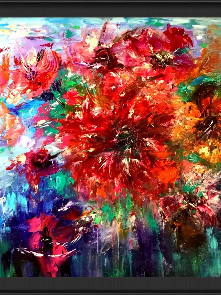 Flowers oil painting,Abstract red flowers on blue background, original oil painting on stretched canvas,handmade unique gift home decor.
