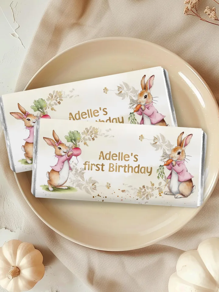 Editable Chocolate Bar wrap Label template for 1st Baby Birthday party in Peter Rabbit style instant download and unlimited access pr777