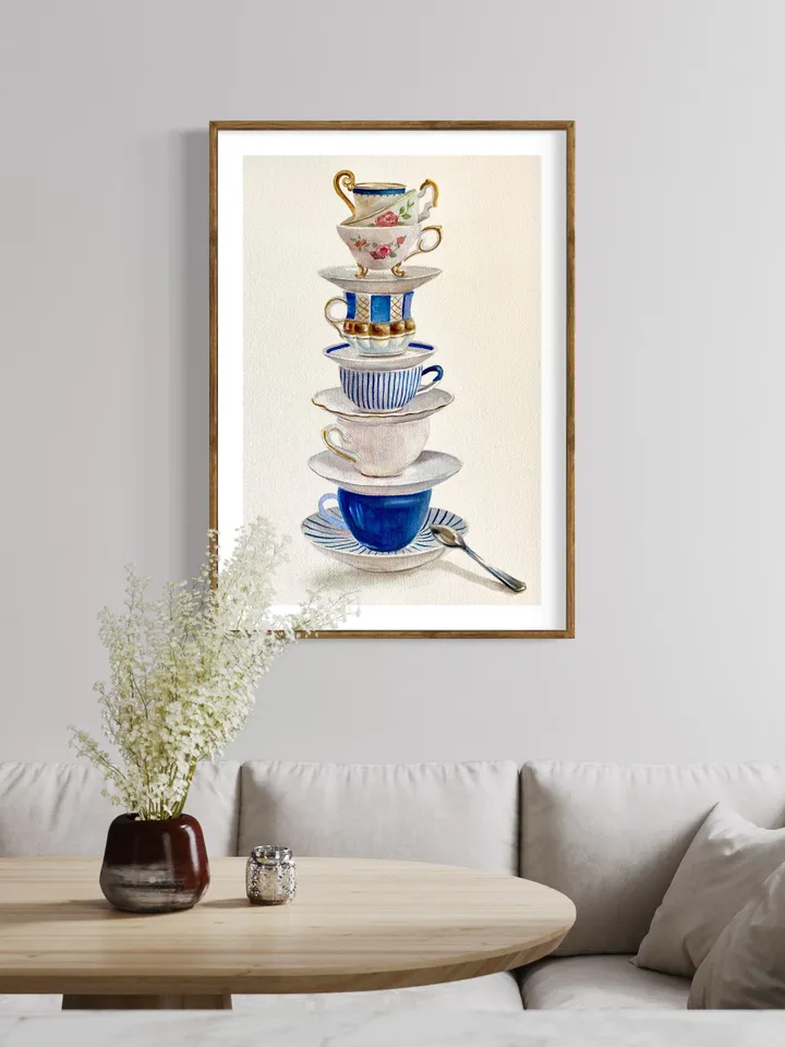 Tea Cups Original Watercolor Painting Kitchen Wall Art Tea Lover Gift Stack Of Cups Tea Cup Blue White Still Life Tea Lovers Watercolor Art