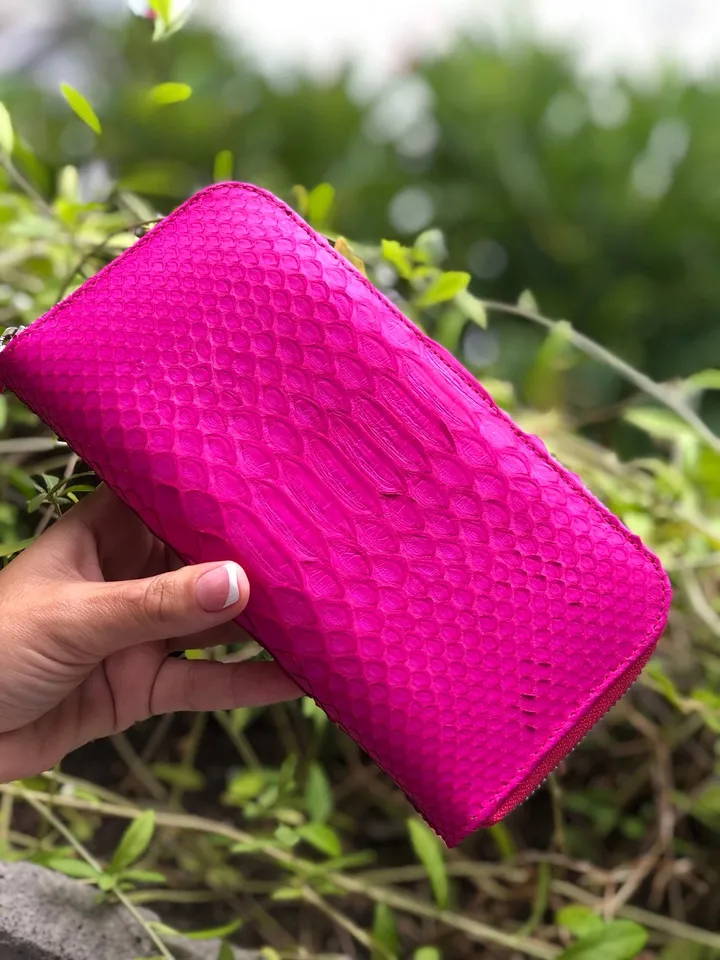 Wallet genuine python skin fuchsia bright color, women wallet, leather lady wallet, classic zip wallet, design wallet handmade, money wallet