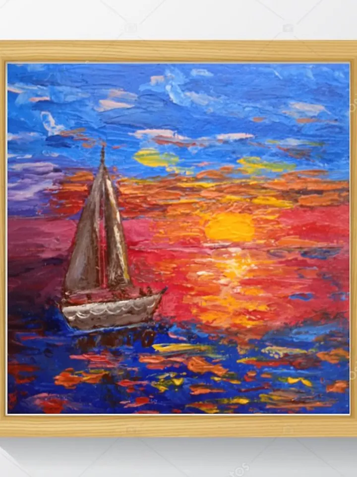 Landscape with the sea Sailboat at sunset Original Oil painting Impasto Art