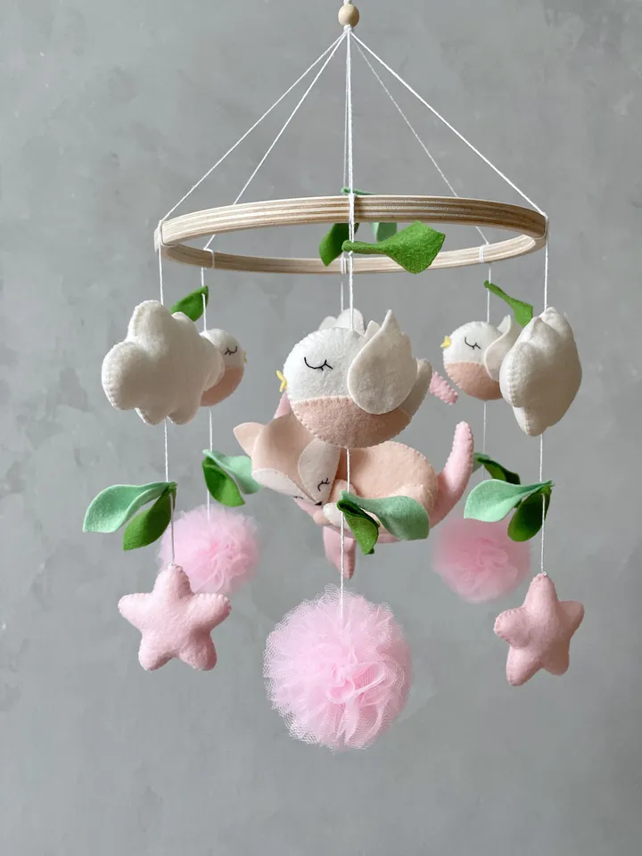 Fox baby mobile girl pink and mint, Woodland crib mobile girl