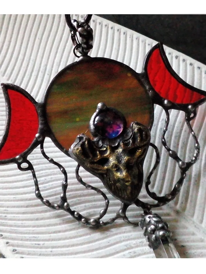 Deer antler jewelry, Deer head necklace, Triple moon, crescent deer, stag head, Stained glass, Yule jewelry, Halloween