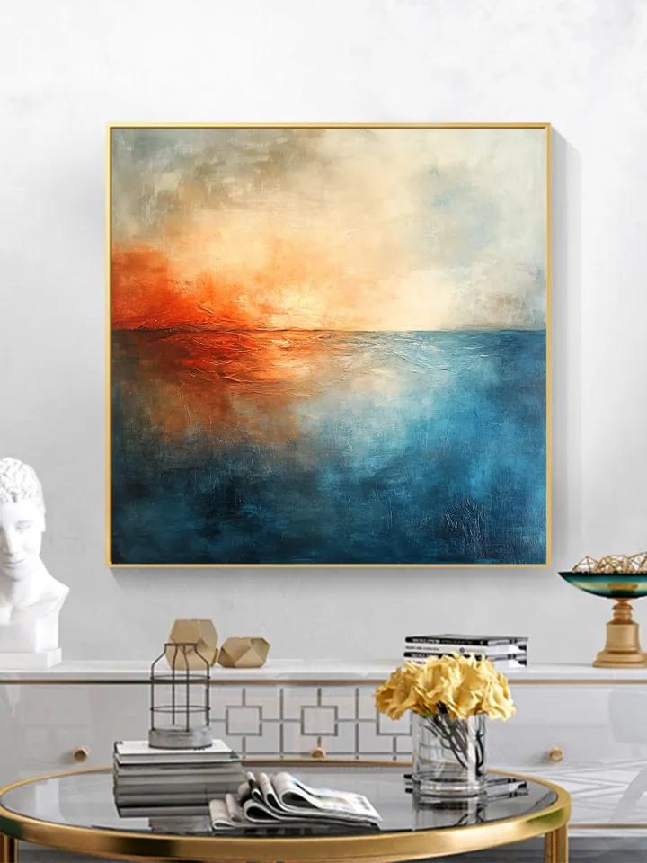 Hand-Painted Abstract Oil Painting | Modern Ocean Sunset Wall Art | Vibrant Orange and Blue Canvas Decor for Living Room and Office