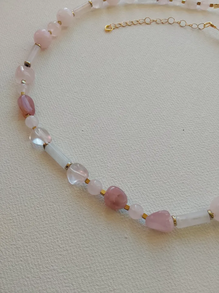 Choker, necklace, beads made of natural stones. Rose quartz and hematite. 45-50 cm. Delicate, airy decoration for the neck