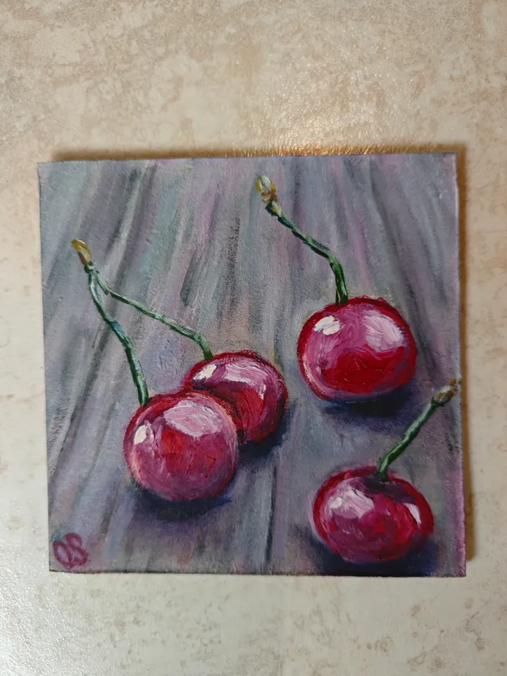 Cherries Original Painting Fruit Original Art Cherries Modern Artwork Bright Cherry Oil Painting Cherry Fruit Wall Art Decor 5 x 5 inches by OlgaSokolovaArt