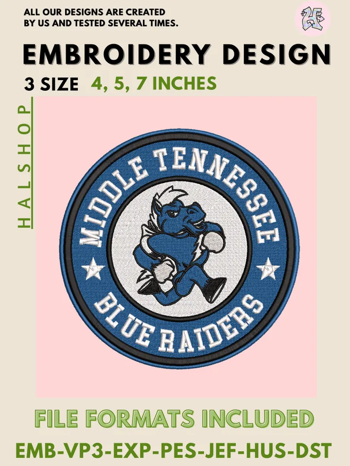 Middle Tennessee Blue Raiders NCAA Mascot Logo Embroidery Design – College Team Pattern, Machine Embroidery Files, 3 Sizes Digital Instant Download