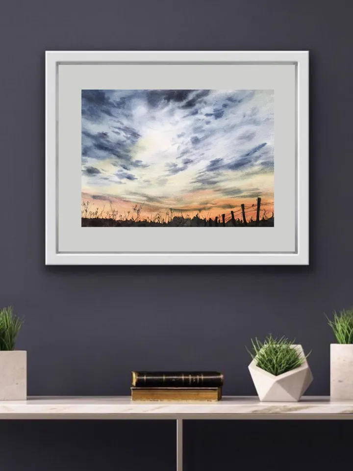 Sunset Original Painting Watercolor Landscape Sunrise Cloud Wall Art