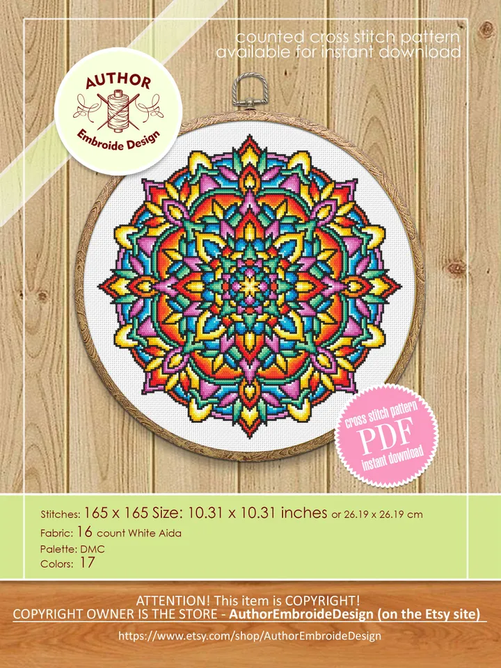 Stained glass mandala cross stitch pattern PDF download Modern Stained glass cross stitch chart, Colorful mandala pattern digital PDF #M266