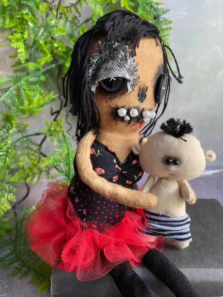 zombie family mother and son. handmade cloth dolls