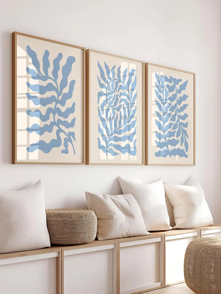 Soft Blue Abstract Leaf Art Trio Minimalist Botanical Wall Decor Printable Digital Download Instant Modern Gallery Prints Set of 3