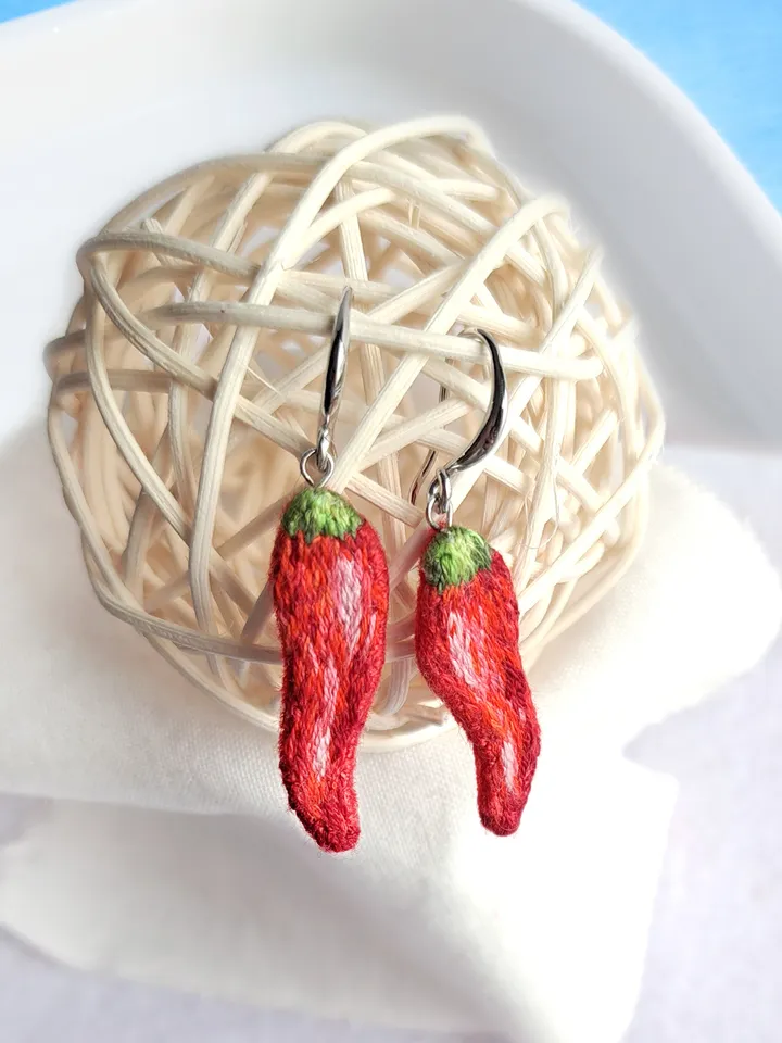 Embroidered Chili Pepper Earrings, Unique Handmade Chili Jewelry, Statement Earrings, Quirky Jewelry Accessory, Original Gift for Her