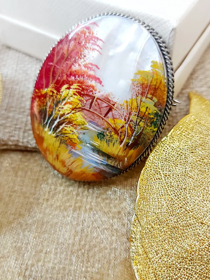 Brooches for women: Fall season in enchanted forest on pearl brooch • Red and orange handmade seashell pin • Dainty bright brooch for dress