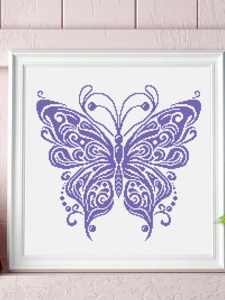 Mandala butterfly cross stitch pattern PDF download Monochrome butterfly digital PDF, Vintage butterfly ornament cross stitch chart #M213