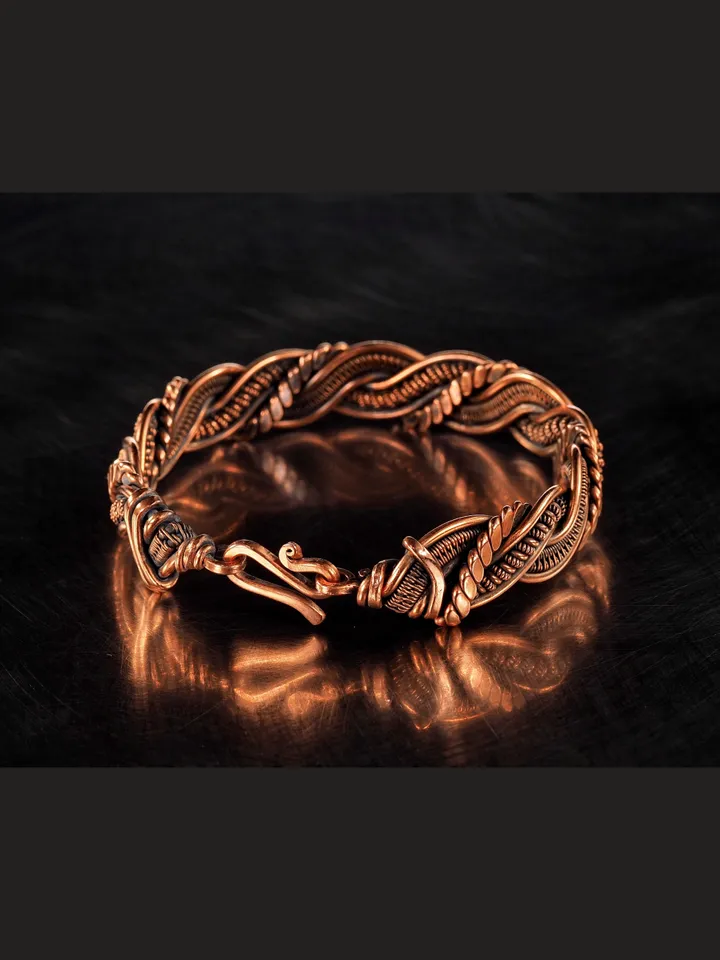 Wire wrapped bracelet, Unique 7th 22nd Anniversary gift idea, Art Nouveau antique style, One of kind braided statement bangle, Handmade oxidized pure copper jewelry, Pain relief, EMF protection