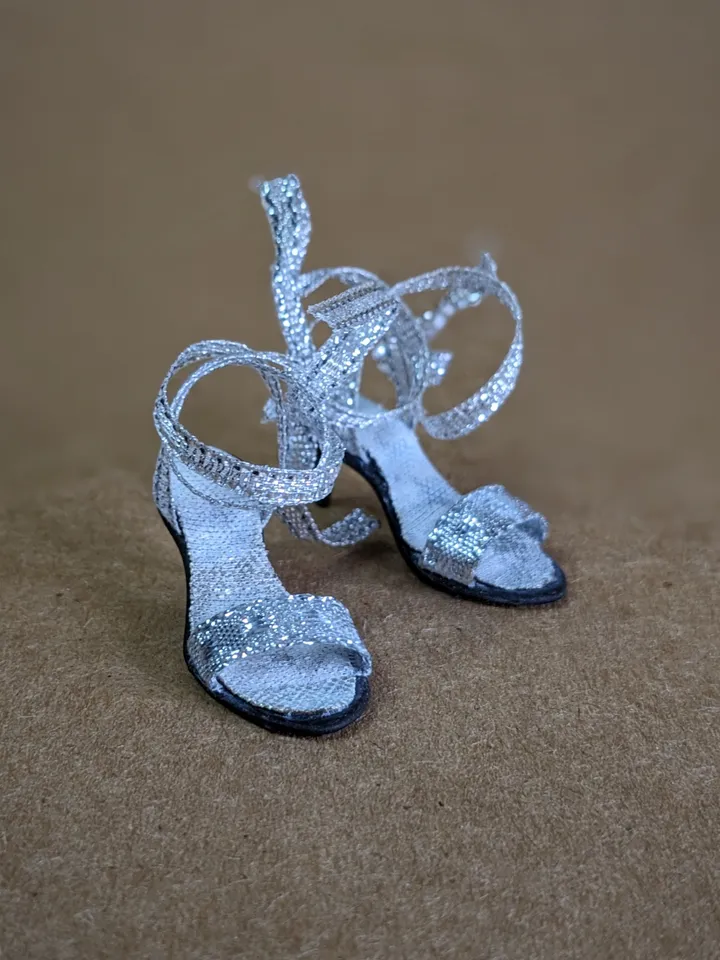 Handmade silver sandals with ribbon for 16-inch Fashion Royalty doll (FR16)