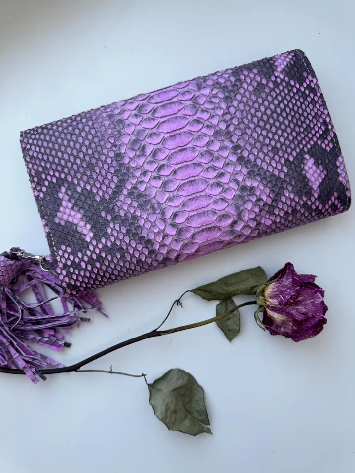 Genuine python skin classy flat clutch with shoulder chain | elegant evening women purse | designer leather bags | small shoulder pink bag