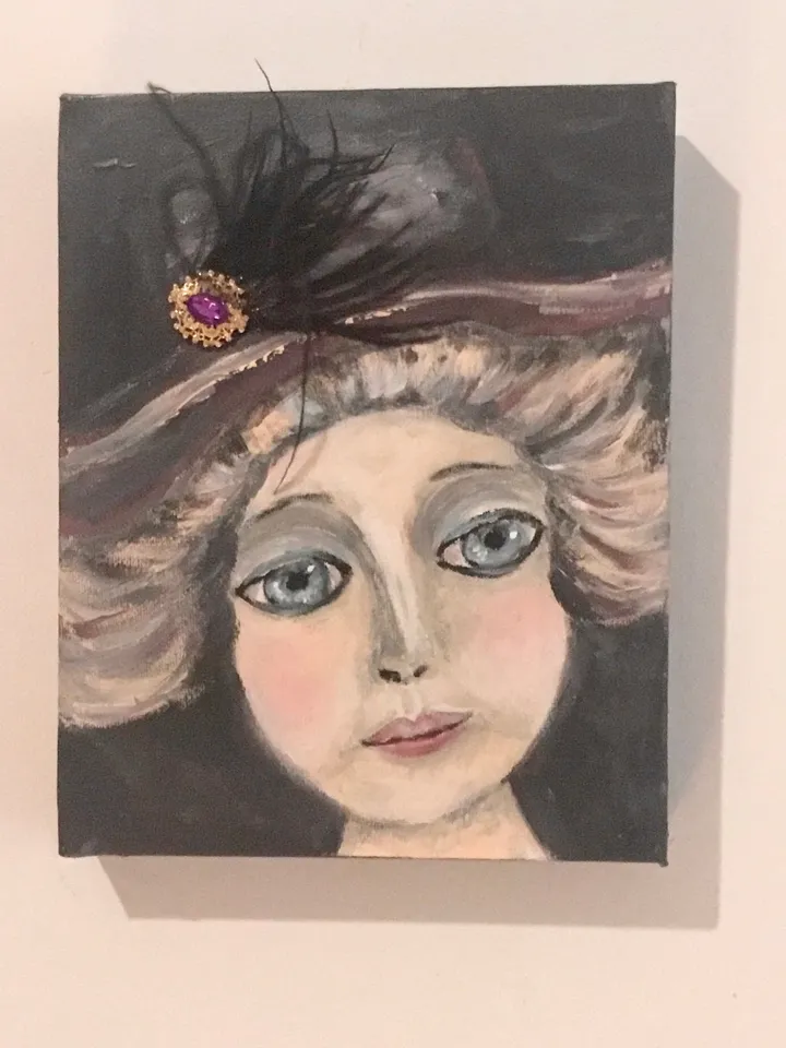 Victoria doll,original mix media painting on 3 d canvas,one of a kind, fantasy antique doll painting,gift,home decoration
