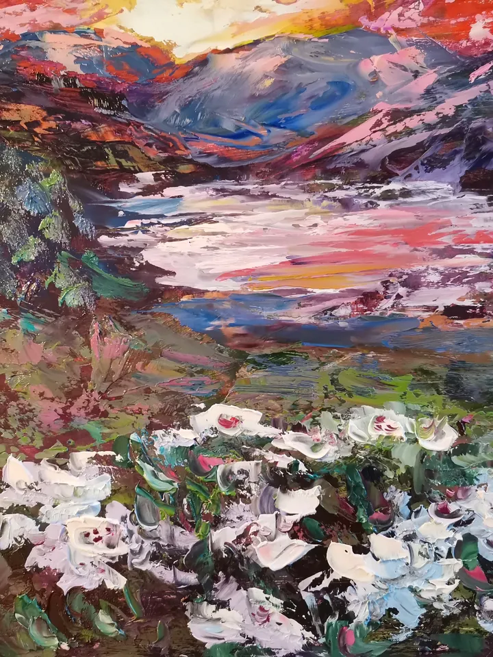 Lake Island Flowers Sunset Mountains Original Art Oil Painting impasto Artist Svinar Oksana