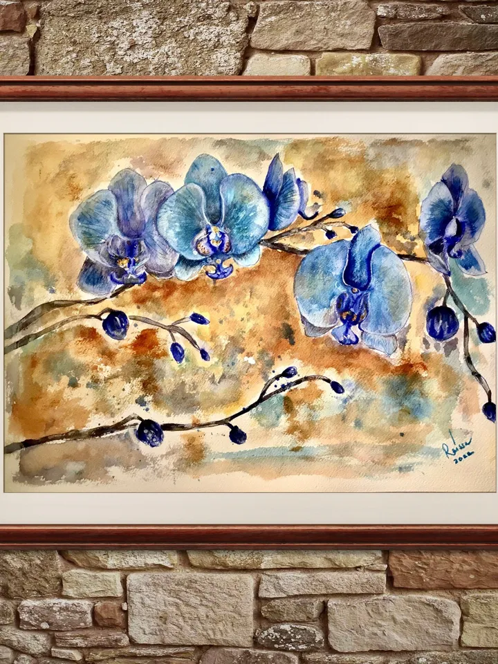 Blue orchids original watercolour painting,flowers watercolour painting,orchids wall art,unique watercolour gifts,one of a kind.