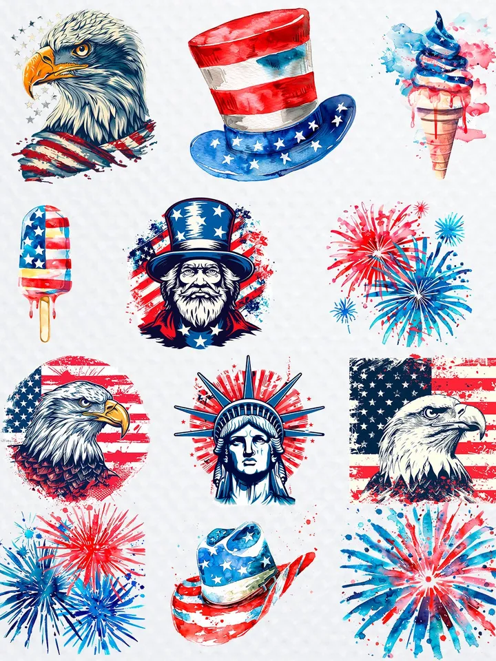 4th Of July Independence USA America Day Watercolor Clipart Bundle of 100 png Transparent Background, PNG for sublimation