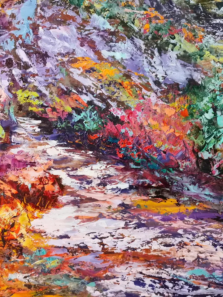 Trees Mountains Path Trail Original Art Oil Painting Abstract Artist Svinar Oksana